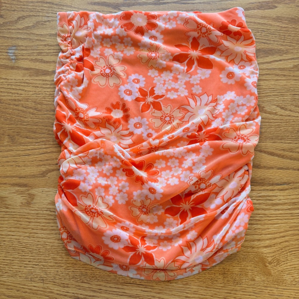 Y2K Floral Mesh Mini Skirt Women Small Orange Ruched‎ Retro Indie Festival Mesh